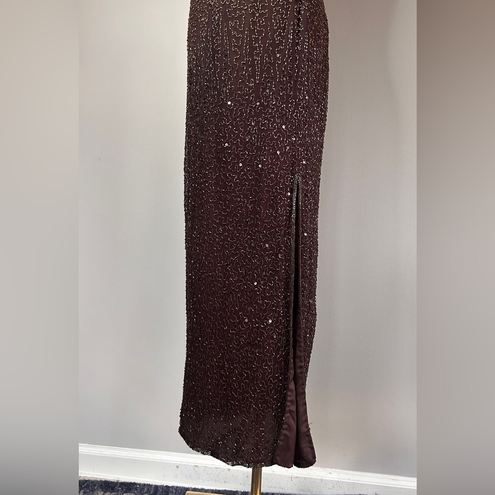 VINTAGE STENAY Silk Brown Bead Gown Art Deco Hollywood Glam Formal Maxi Dress 2 - Picture 6 of 13